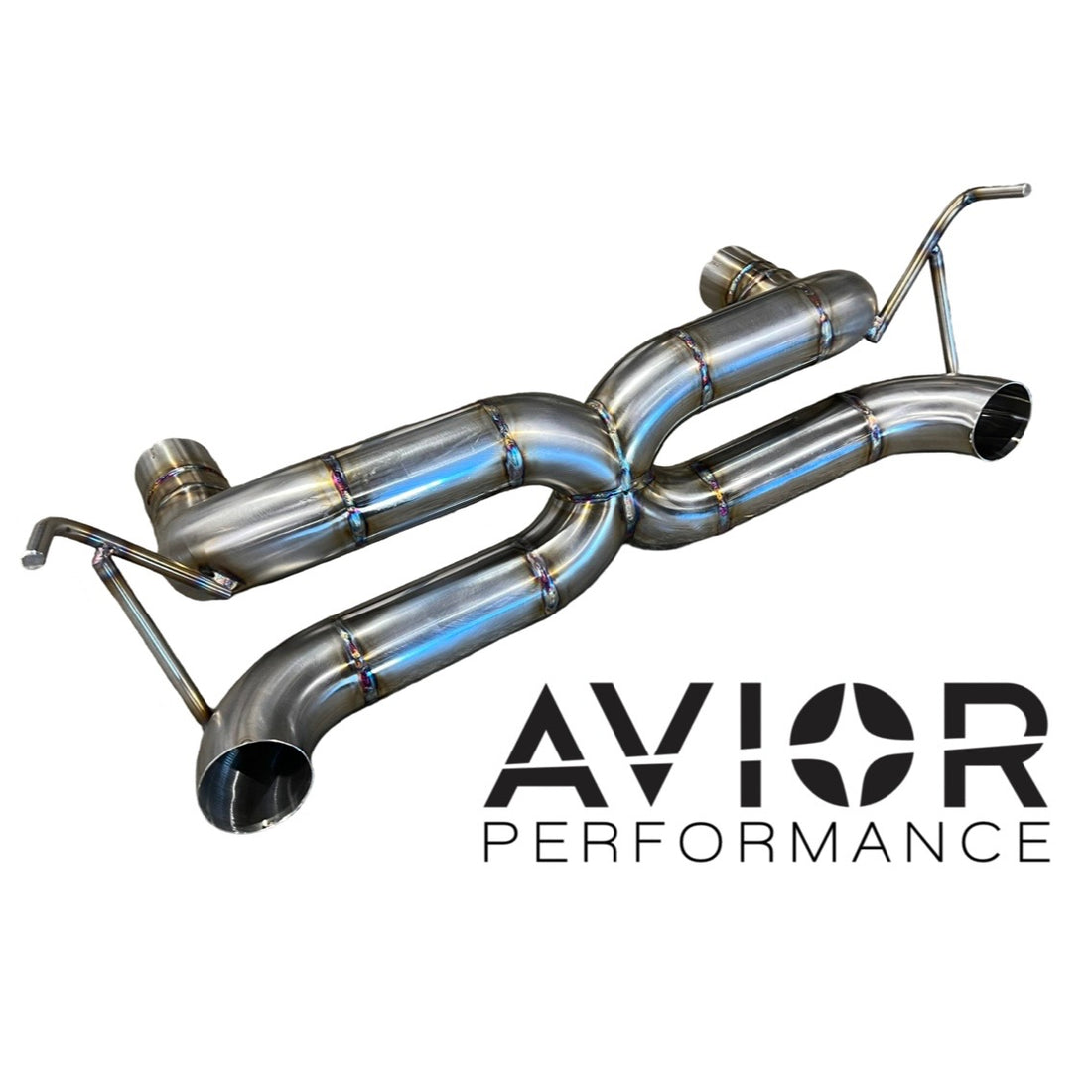 A stainless steel exhaust system by AVIOR PERFORMANCE for a Ferrari F488, featuring a dual exhaust design.